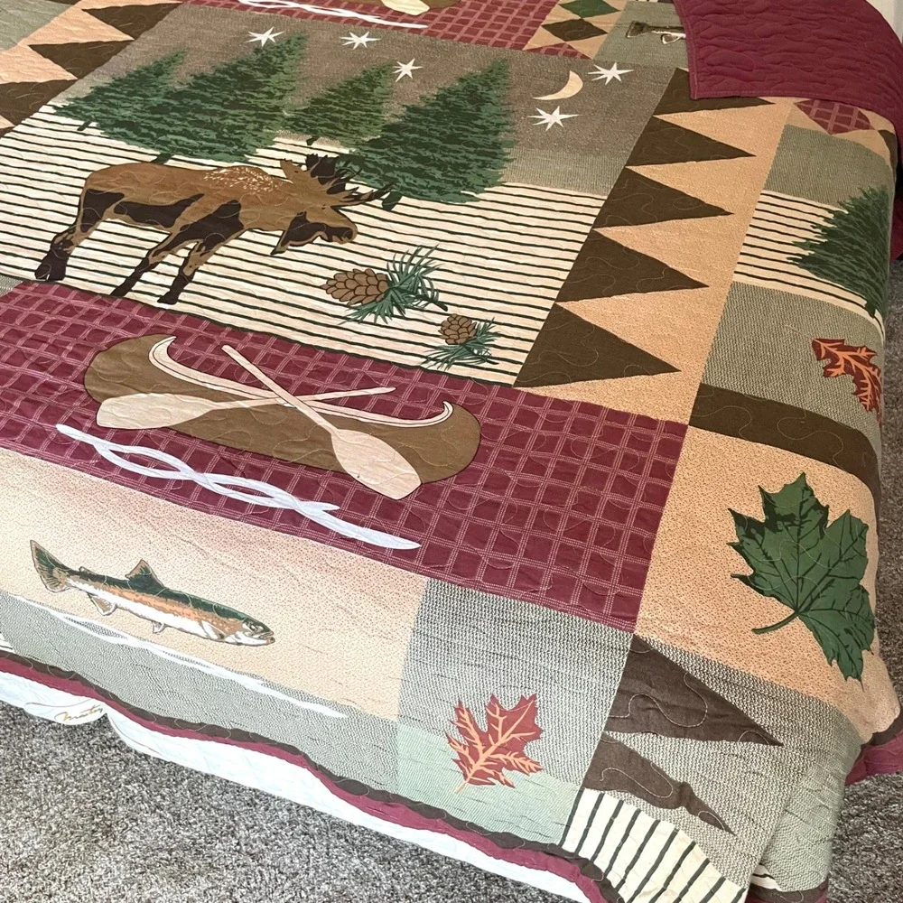 Rustic Cabincore Patchwork Quilted Coverlet Full Queen Size Burgundy Wildlife